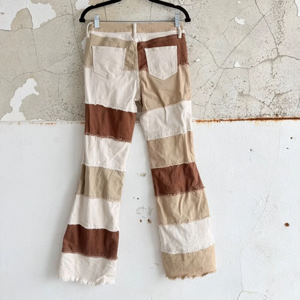 Patchwork‎ Flare Jeans Boho Frayed Low Rise Denim Womens 29 Festival Retro - Picture 2 of 11